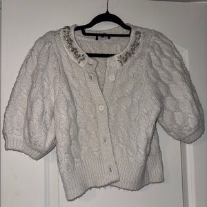 STATE White Cable Knit Cardigan with Embellished Collar